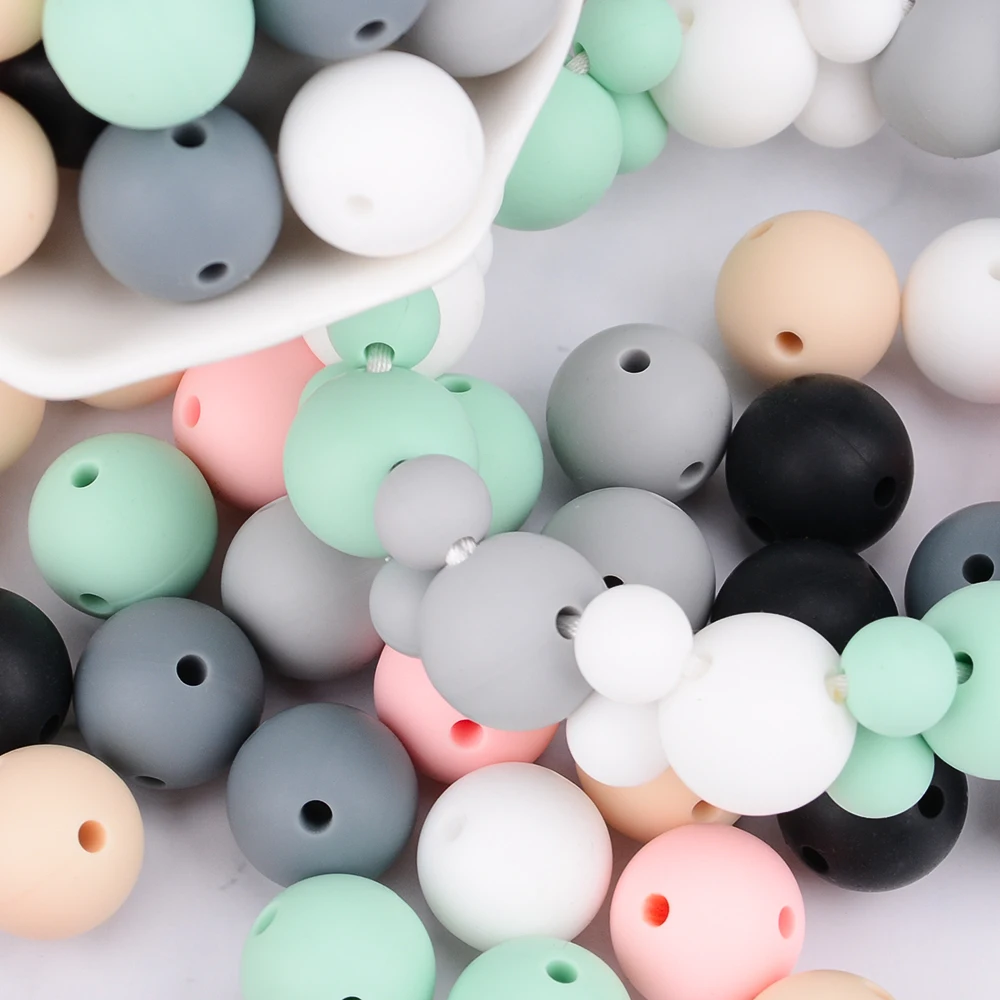 LOFCA 15mm 20pcs/lot Silicone Beads Round 2/4 Holes Baby Teethers Safe Food Grade Chewing Fashion Beads For Pacifier Clips