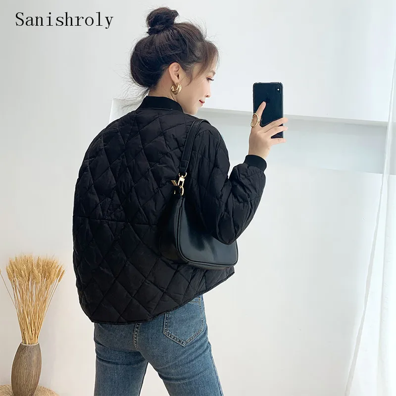 Sanishroly Women Ultra Light White Duck Down Jacket Lady O Neck Single-breasted Bomber Coat Casual Diamond lattice Short Parka