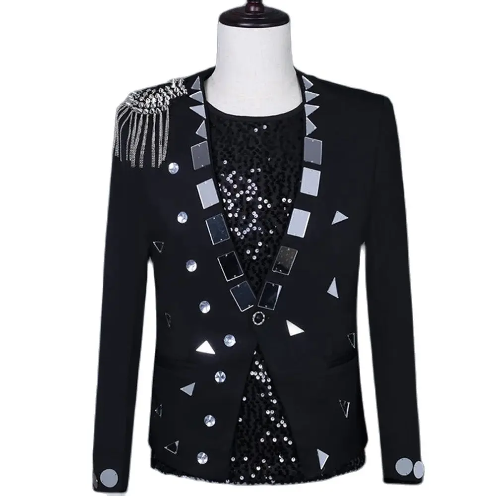 

Black White Coat Punk Stage Blazer Men Shiny Glitter Sequin Mens Suit Jacket Singer Dancer Party Costume