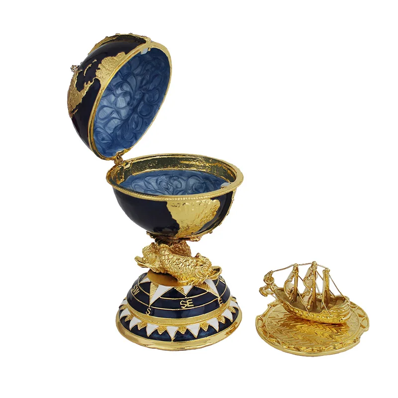 Yaffil Blue and Gold Enamel Globe Egg-shaped Table Decoration, High-quality Practical Jewelry Box with Earth Design