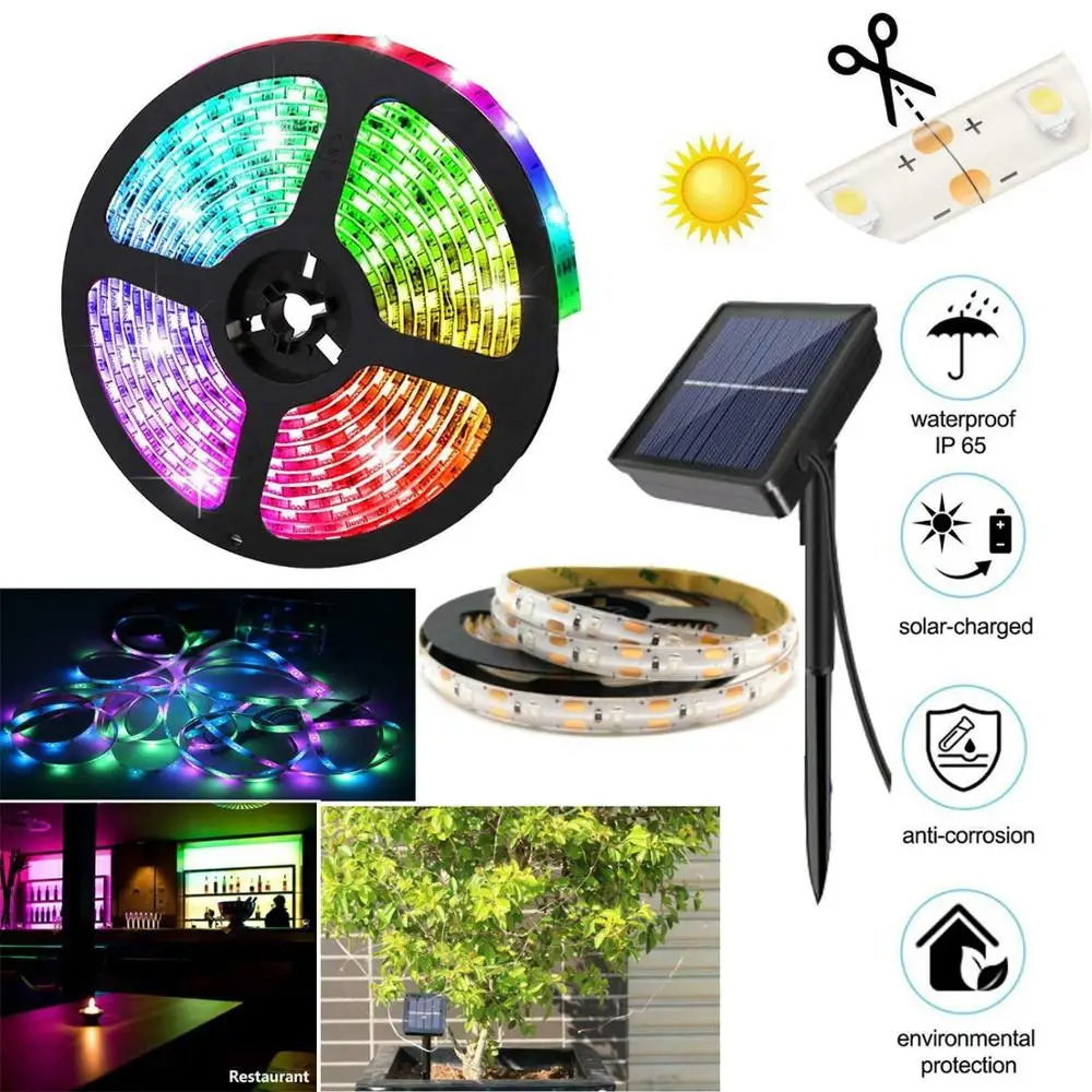 5M RGB Solar Powered LED Light Strip 150 LEDs 2835 SMD Outdoor Waterproof IP65 Flexible Adjustable String Lights Ribon Tape Lamp