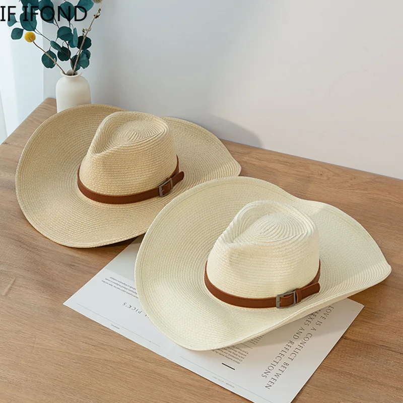 New Design Natural Paper Western Cowboy Hat 13CM Big Wide Brim Women Men Summer Beach Straw Hats Panama Cowgirl Jazz Sun Caps