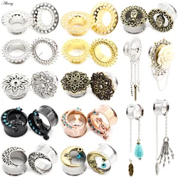 Alisouy 2pcs Stainless Steel Flower Leaf Moon Feather Skeleton Ear Tunnels Plugs Expander Stretcher Gauges Body Piercing Jewelry