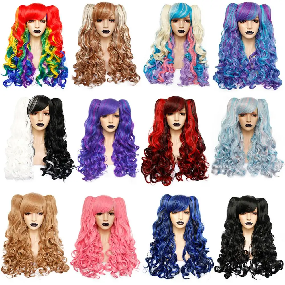 ANOGOL Multi-color Synthetic Cosplay Lolita Wigs 2 Ponytails Long Body Wave Pink Brown Red Black Blonde Wig for Halloween Party