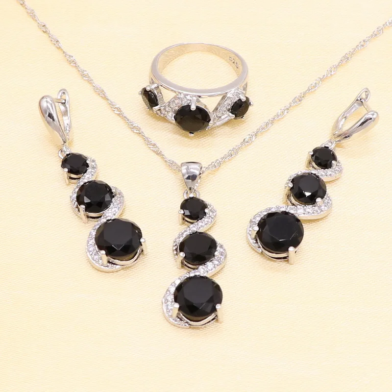 XUTAAYI  Silver Wedding Jewelry Sets For Women Flower Shape Black Zircon Bracelet Earrings Necklace Pendant Ring Gift Box