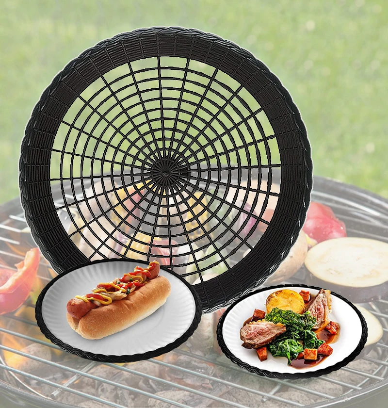 Disposable Paper Plate Plastic Picnic Trays, BBQ Trays, Hollow Rattan Woven, Barbecue, Salver Serving Tray, Heat Insulated Pad