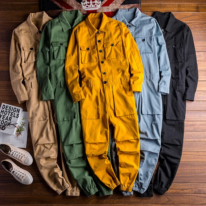 Mono de manga larga con solapa para hombre, peto de algodón, ropa de calle de Hip Hop, pantalones Cargo sueltos, verde, negro