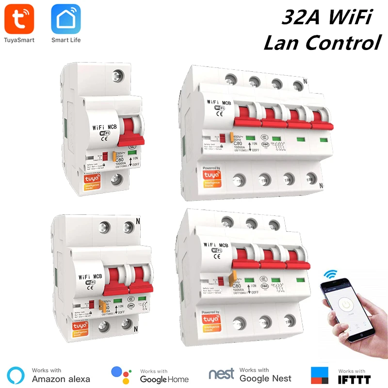 

Smart Life APP 32A Smart WiFi Circuit Breaker Short Circuit Protection Alexa Echo Google Compatible Remote Control WiFi Switch