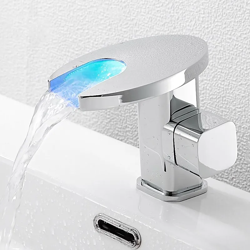 

Basin Faucets Black/White Waterfall LED Brass Bathroom Mixing Faucet Basin Sink Taps With Water Temperature Change Color Faucet