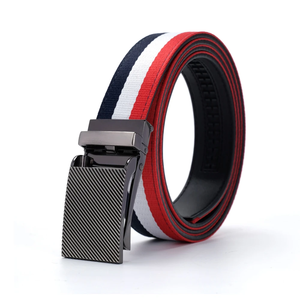 Fashion Men\'s Casual Striped Cloth Fabric Canvas Auotomatic Leather Ratchet Belt Strap Leather Red White Blue Mixed Color Belt