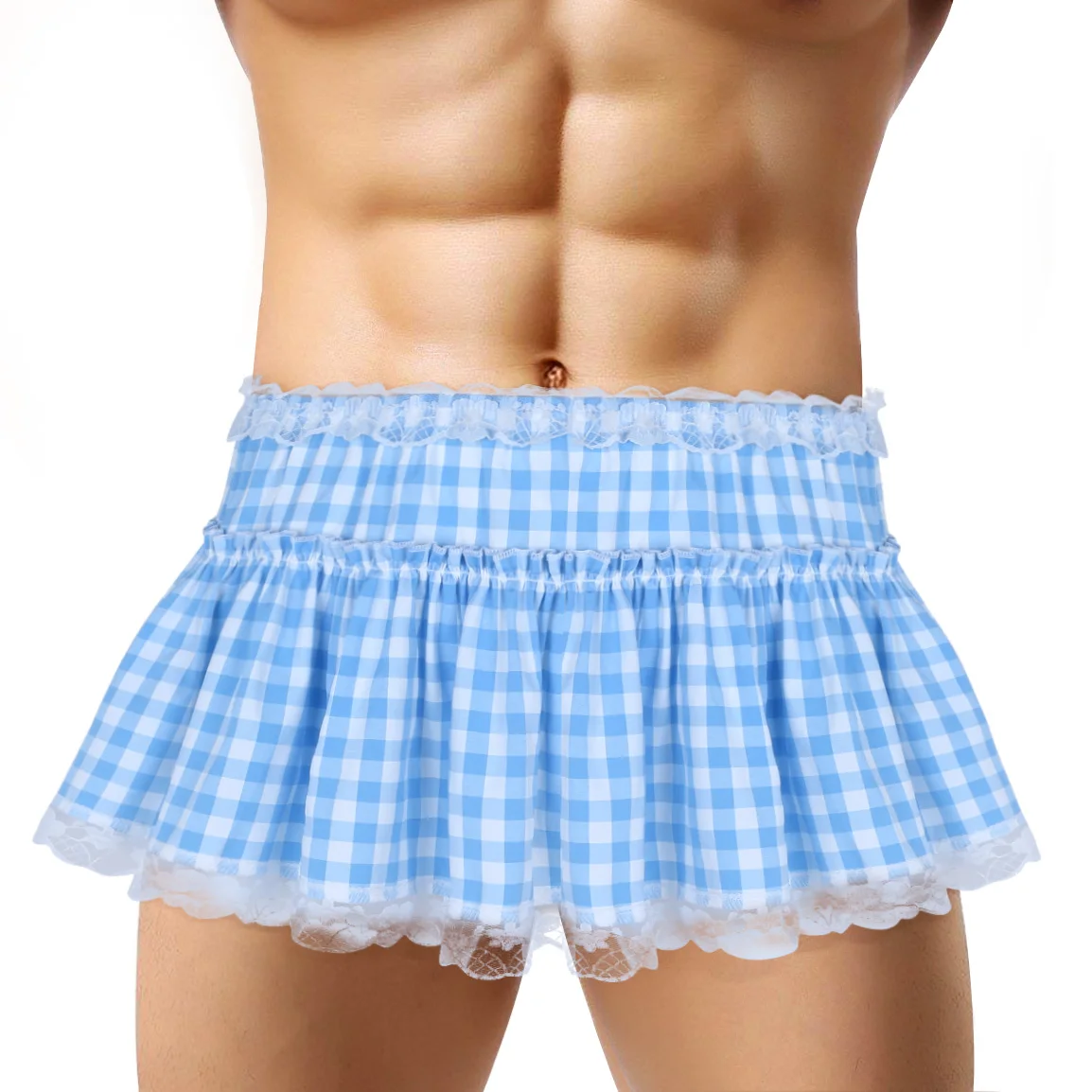 Minissaia guingão com bainha de renda para mulheres e homens, saias curtas guingão, Cosplay Sissy plissado, vestido de festa sexy