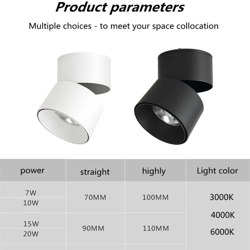 Surface mount dimmable rotating LED ceiling light, COB LED spotlight, 7W10W15W20W, with AC110V / 220V LED driver