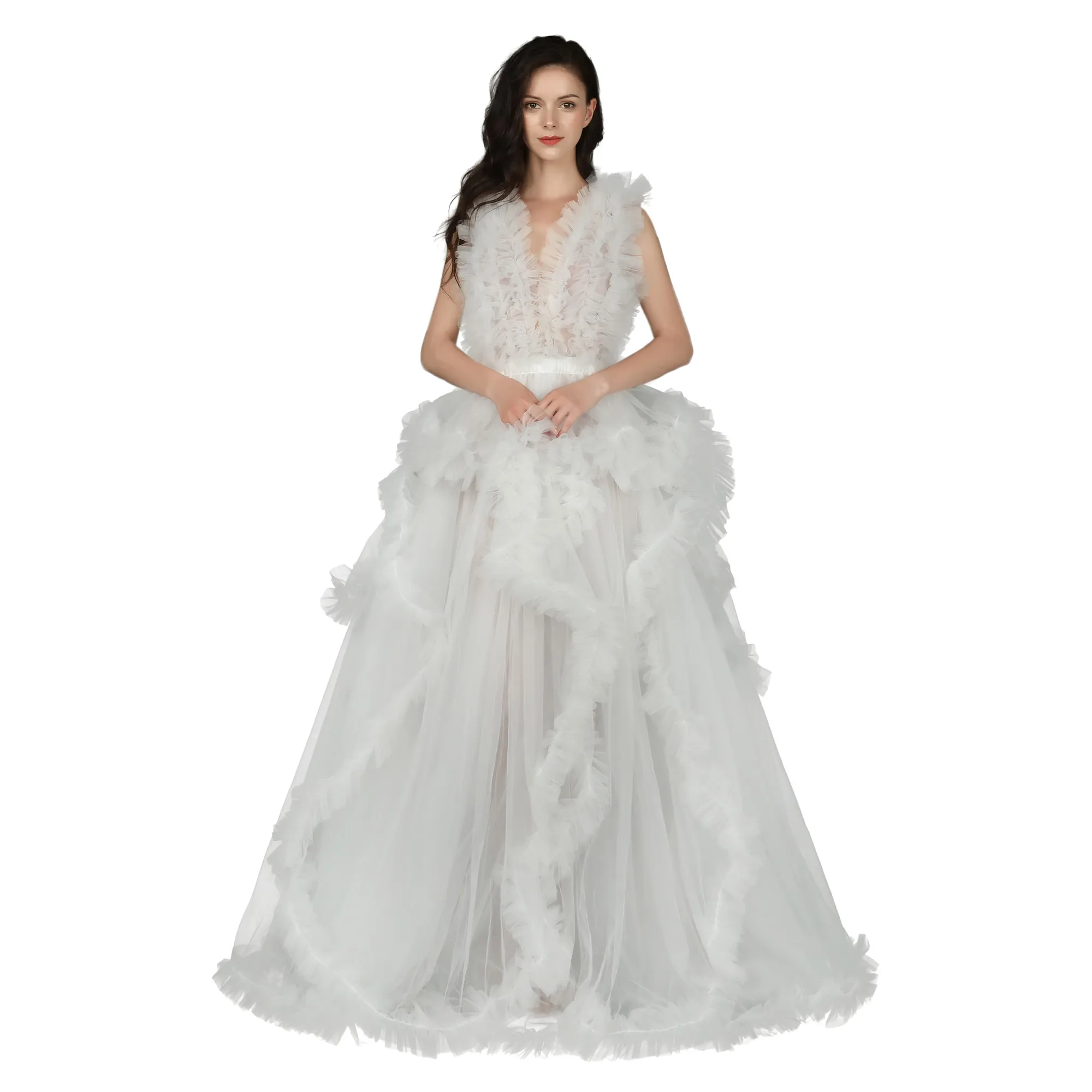 Abiti da sera lunghi ed eleganti in pizzo 2021 abiti premaman in Tulle Champagne con scollo a v per servizio fotografico Robe abiti formali da donna incinta