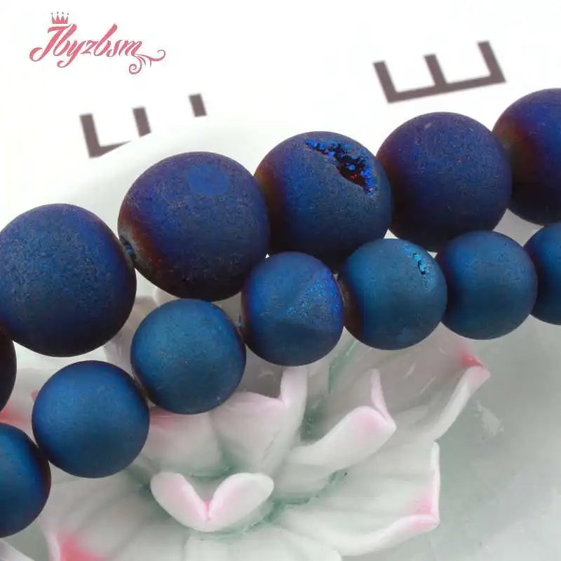 8,10,12,14mm Round Beads Blue Metallic Coated Druzy Agates Stone Beads For Necklace Bracelet Jewelry Making 15\