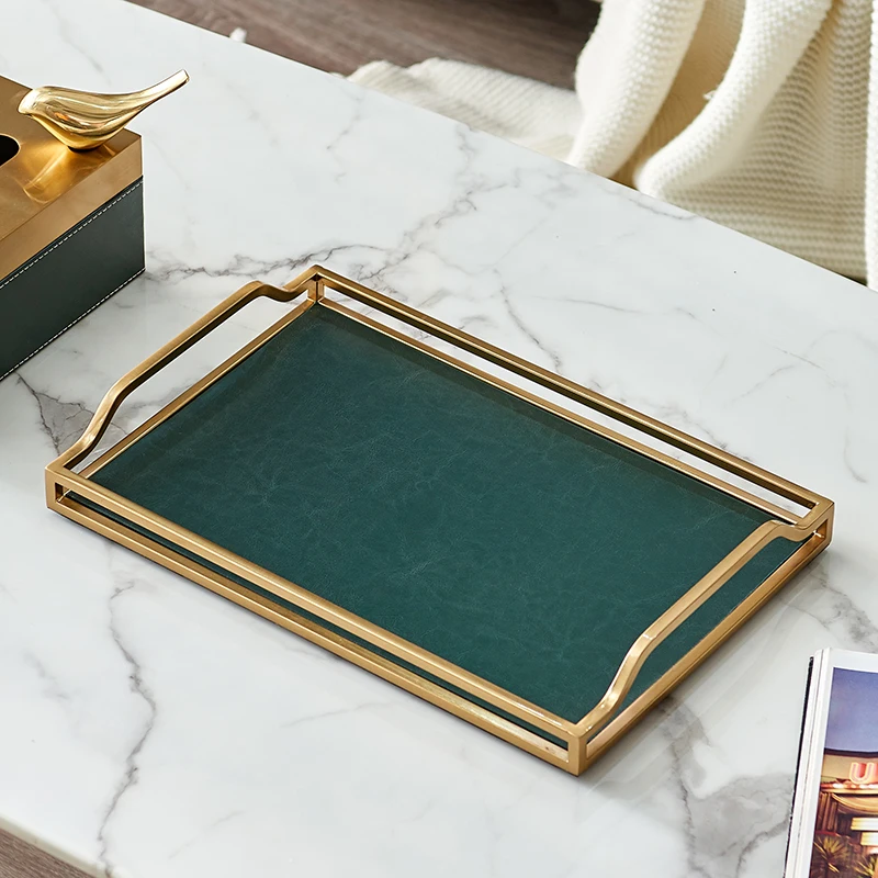 

European Mondern Gold Metal Alloy Framed Rectangle Green Leather Tray With Two Handles For Napkin Tissue Box Flower Vase Storage