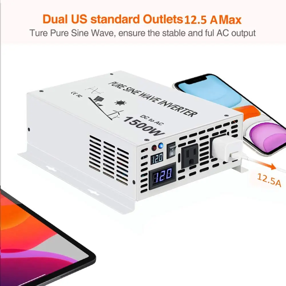 Imagem -04 - Inversor de Onda Senoidal Pura Potência 1500w 12v a 230v Inversor Solar Conversor de Alimentação 24v 36v 48v dc a 110v 120v 220v 240v ac