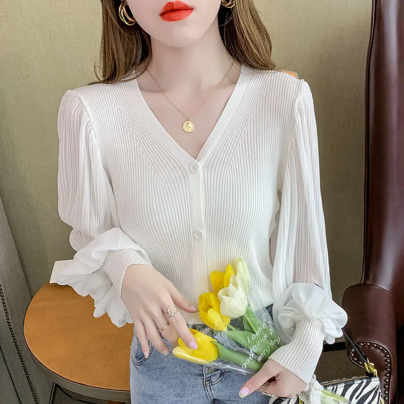 Short Women Blouse Patchwork Knitted Chiffon Shirt Office Lady Commute Button V-Neck Lantern Long Sleeve Vintage Elegant Blouse