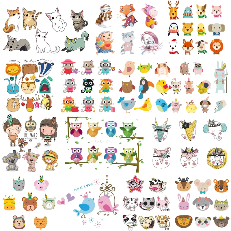 Thermal Stickers Iron On Transfer For Clothes Cat Fox Unicorn Patch Heat Transfer Vinyl Applique Baby T-shirt Cartoon Patch Set