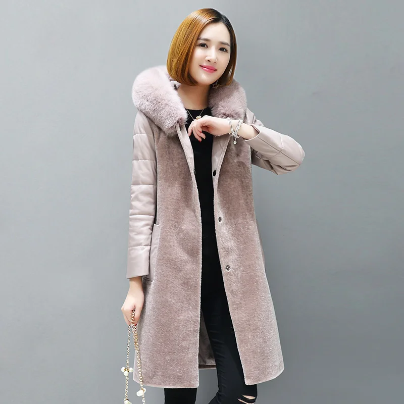 2021 Women Natural Clothes Wool Overcoat Sheep Shearing Coats Female Sheepskin Leather Sleeve Parka Real Fox Fur LWL1389