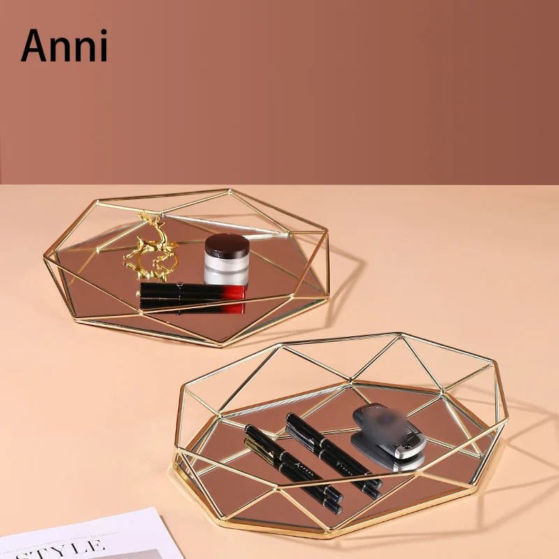 

Octagon Glass Mirror Trays Decorative Nordic Gold Inlay Metal Cosmetic Perfume Storage Display Tray Home Skin-Care Organizer