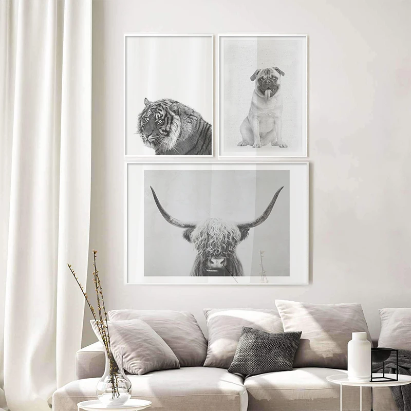 

Modern Black and White Monochrome Dog Highland Cow Bull Longhorn Cattle Pug Poster Wall Art Canva Print for Wall Decor Dorm Room