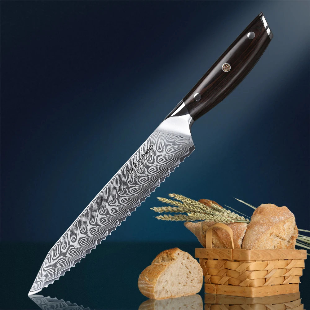 

TURWHO 8 inch Bread Knife 67 Layer Damascus Kitchen Knives High Quality Chef Knife Stainless Steel Cake Knife with Ebony Handle