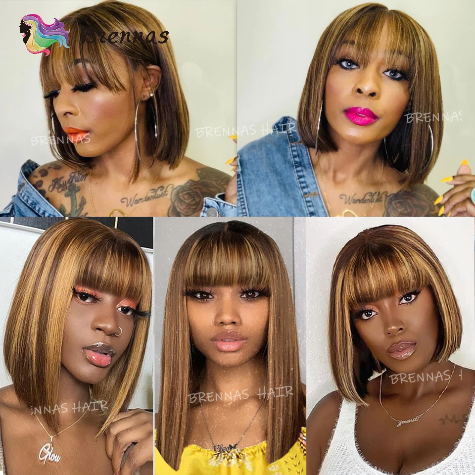 Highlight Straight Bob Wig With Bangs Density180 Honey Blonde Wear And Go Highlight Straight Human Hair Bob Wigs For Black Women