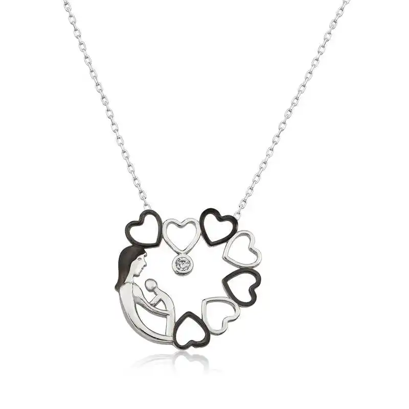 Silver Heart Circle Mother Child Lady Necklace Zircon Stone 925 Sterling Women Fine Jewelry Wedding Party Birthday Gift - Box - Pendant - Chain Choker - Female - Ladies - Fashion