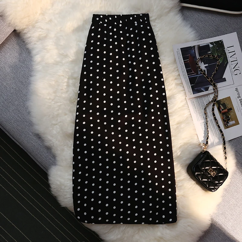 Outono inverno saias longas mulheres elástico cintura alta cordão dividir polka dot saia senhoras moda shirring bodycon lápis saia