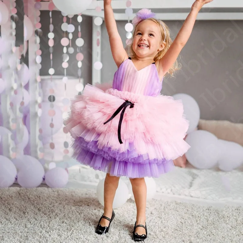 In vendita abiti da bambina corti rosa carino abiti da festa per bambini senza maniche indietro fuori al ginocchio gonna a strati per abbigliamento formale per bambini 2021