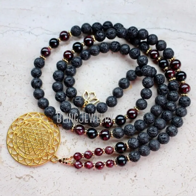 MN36792 Lava Stone Tourmaline s Mala 108  Necklace Oil Diffuser  Sri Yantra  Yoga Jewelry