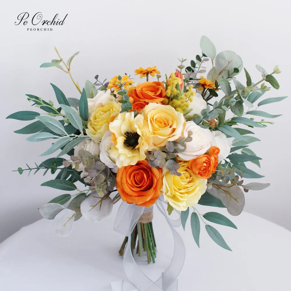 PEORCHID Yellow&Orange Bridal Bouquet Rose 2020 Fall Artificial Bouquet Weding flowers Decoration Vintage Ramo De Novia