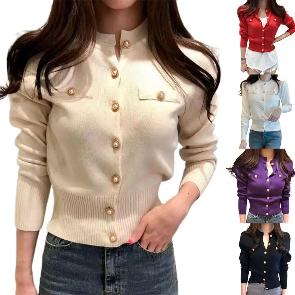 Women Cardigan Sweater Decorative Pockets Faux Pearl Buttons Knitted Coat Short Single Breasted Korean Slim Chic Ladies Tops