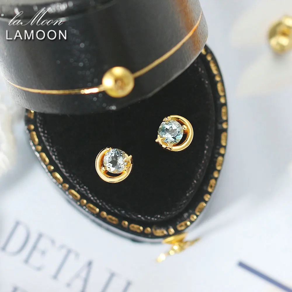 LAMOON S925 Silver Stud Earring For Women Star Moon Natural Topaz Gemstone 14K Gold Plated Fine Jewelry Korea Earring LMEI157