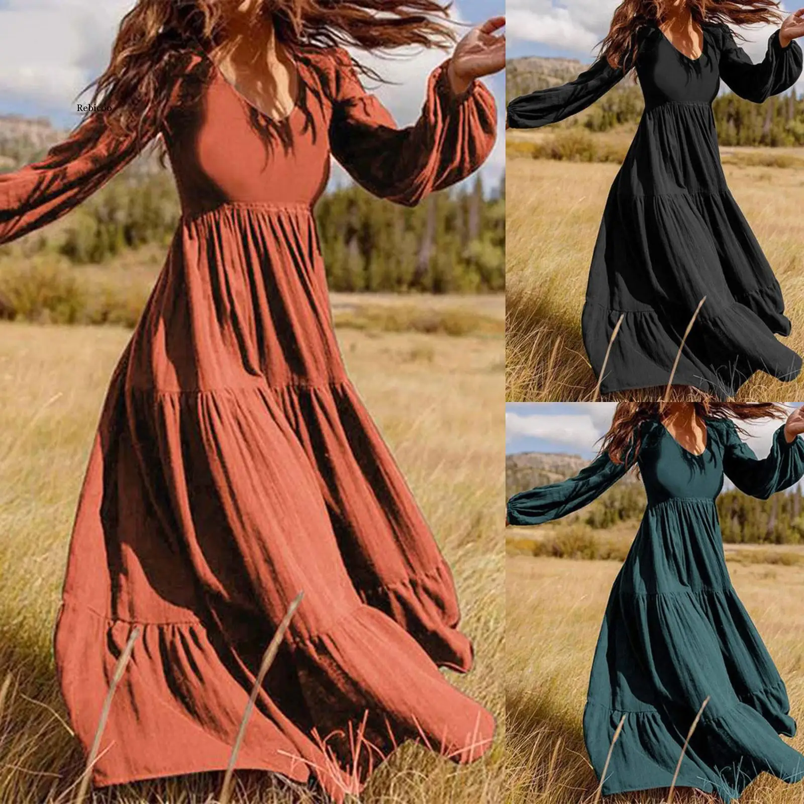 Women Fashion Long Dress Lantern Sleeve Art Retro Pure Color Dress Long Sleeve Dress Solid Bohemian Vestidos De Verano