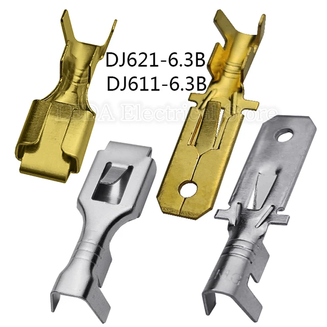 100 sztuk/50 sztuk 6.3mm Automotive złącze zaciskowe męskie żeńskie złącze widełkowe mosiądz Auto Splice końcówki przewodów DJ611-6.3B DJ621-6.3B