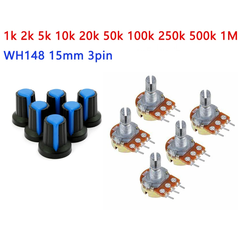 5pcs/lot  WH148 Blue Kit Carbon Film Potentiometer 15mm 3pin B1K 2K 5K 10K 20K 50K 100K 250K 500K 1M Rotary Switch Knob Cap