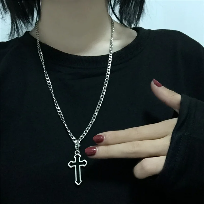 Hollow Cross Pendant Necklace Vintage Gothic  Silver Color Cool Street Style Necklace For Men Women Gift Wholesale Neck Jewelry