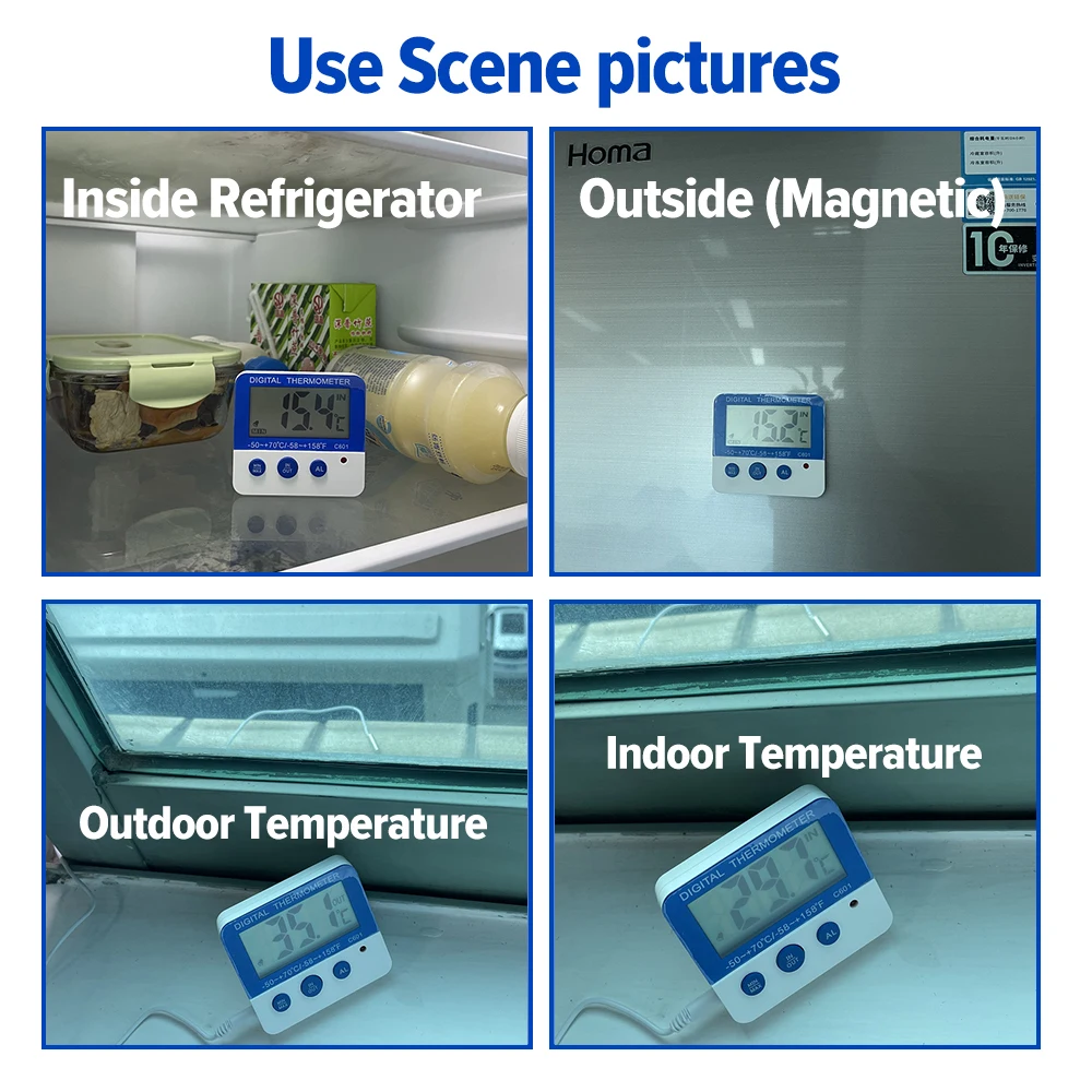 LCD Sensor Eletrônico Medidor de Temperatura e Umidade, Interior, Exterior, Geladeira, Congelador, Termômetro, Alarme, Estação Meteorológica, Relógio