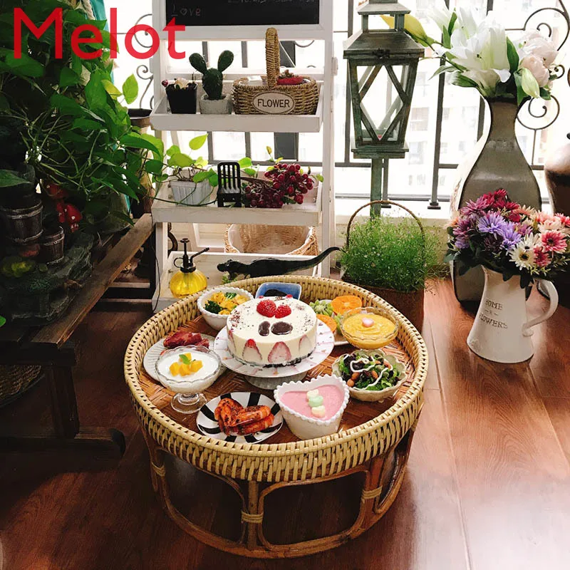 High-End Handmade Vine Woven Tea Table Bamboo Woven Household High Leg Fruit Basket Lightweight Portable Table