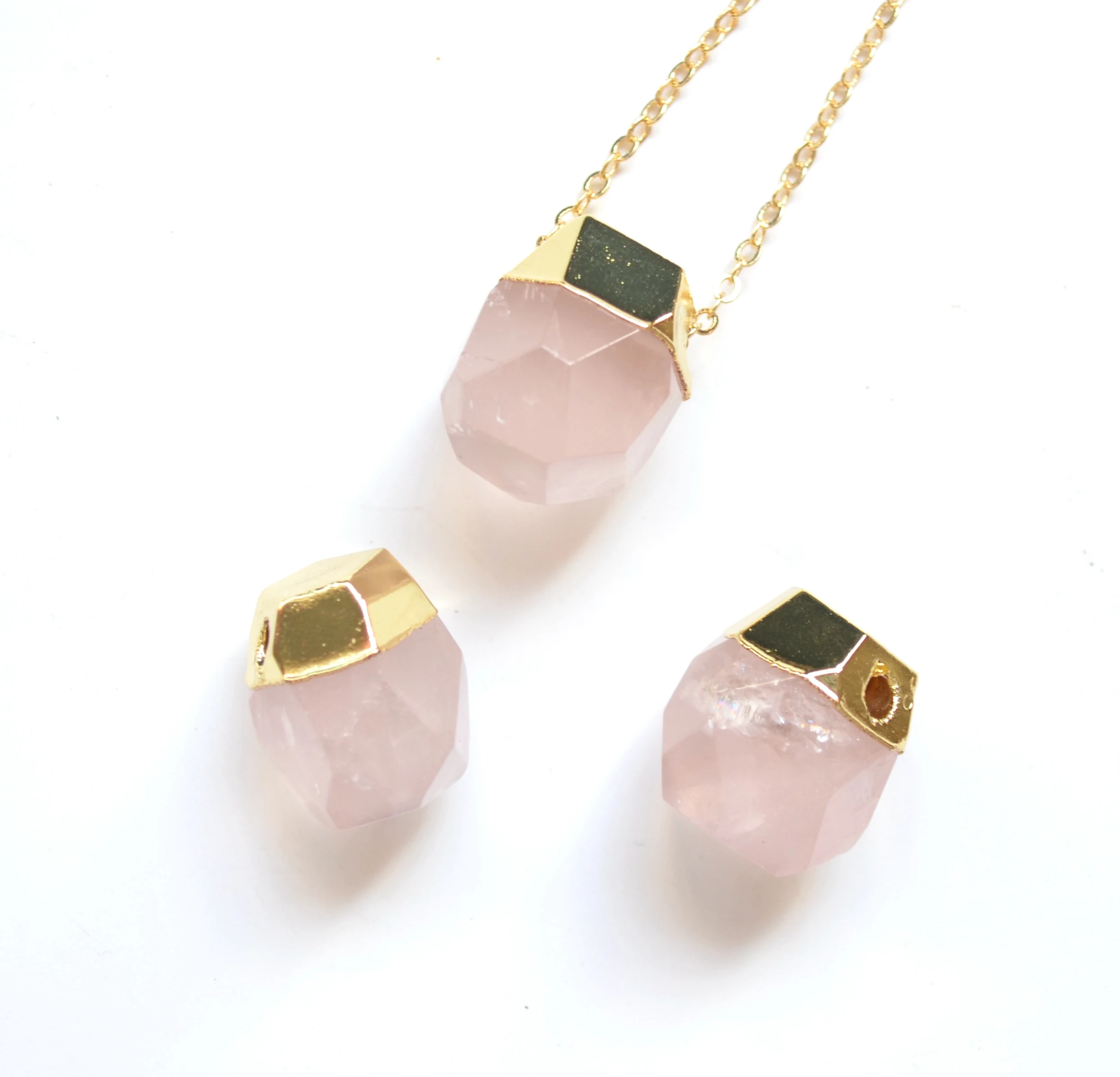 

Nature rose agates,pink quartz facted connector pendant with gold electroplated edges