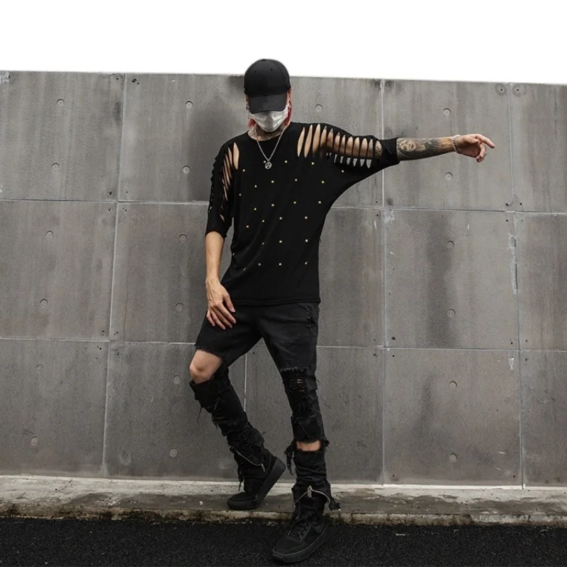 Mens Gothic T-Shirts Fashion Summer Slim Fit Hollow Out Bat Sleeves O-Neck Tops Streetwear Personality Runway Male Black Tees