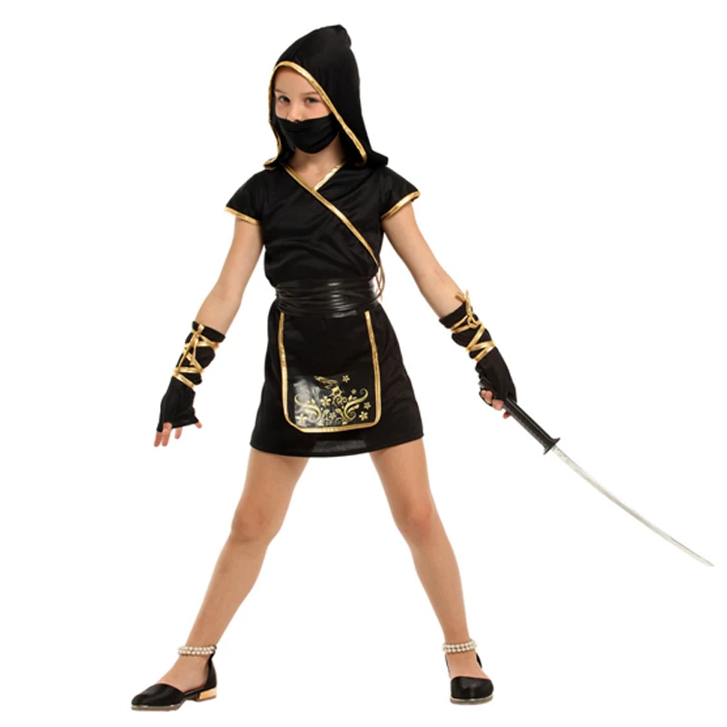 Kids Child Japan Samurai Black Gold Ninja Girl Costume Cosplay for Girls Carnival Purim Halloween Costumes Fancy Dress 3-4T 4-8Y - Image 2