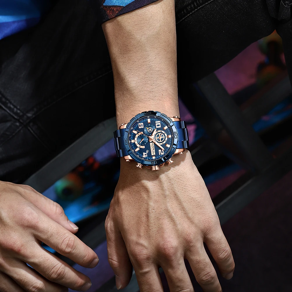 CRRJU นาฬิกาผู้ชาย Big Dial สแตนเลสกันน้ําพร้อม Luminous handsDate Sport Chronograph นาฬิกา Relogio Masculino