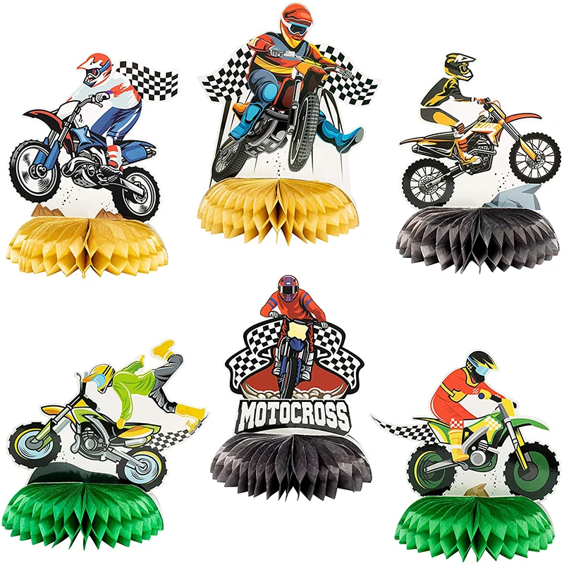 6 sztuk motocykl Honeycomb Centerpiece Ball materiały urodzinowe Topper dla chłopców fajny motocykl temat dekoracja na urodziny