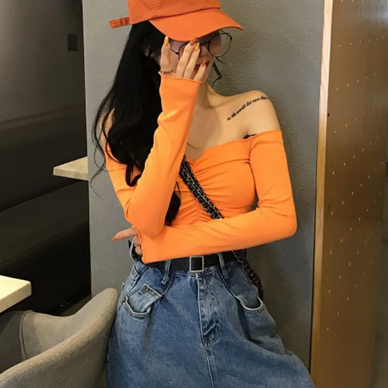 Sexy Off Shoulder T Shirt Fashion Casual Solid Color Tshirt Long Sleeve Tops Trendy Slim Crop Tops