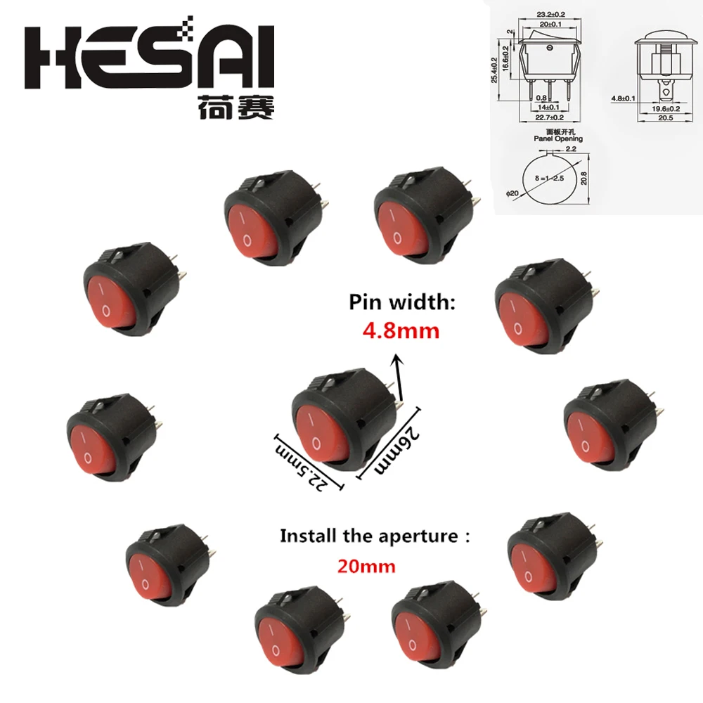 10PCS KCD1-105 Diameter Small Round Boat Rocker Switches Black Mini Round Black White Red 2 Pin ON-OFF Rocker Switch With LED