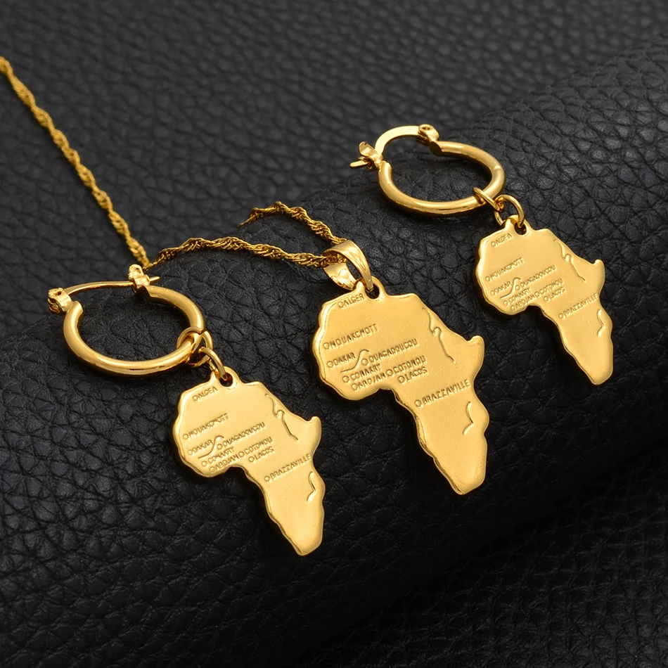 Anniyo Afrikaanse Kaart Sieraden Sets Ketting Oorbellen Voor Vrouwen Meisjes Ethiopische Sieraden Nigeria Congo Ghana #132106S