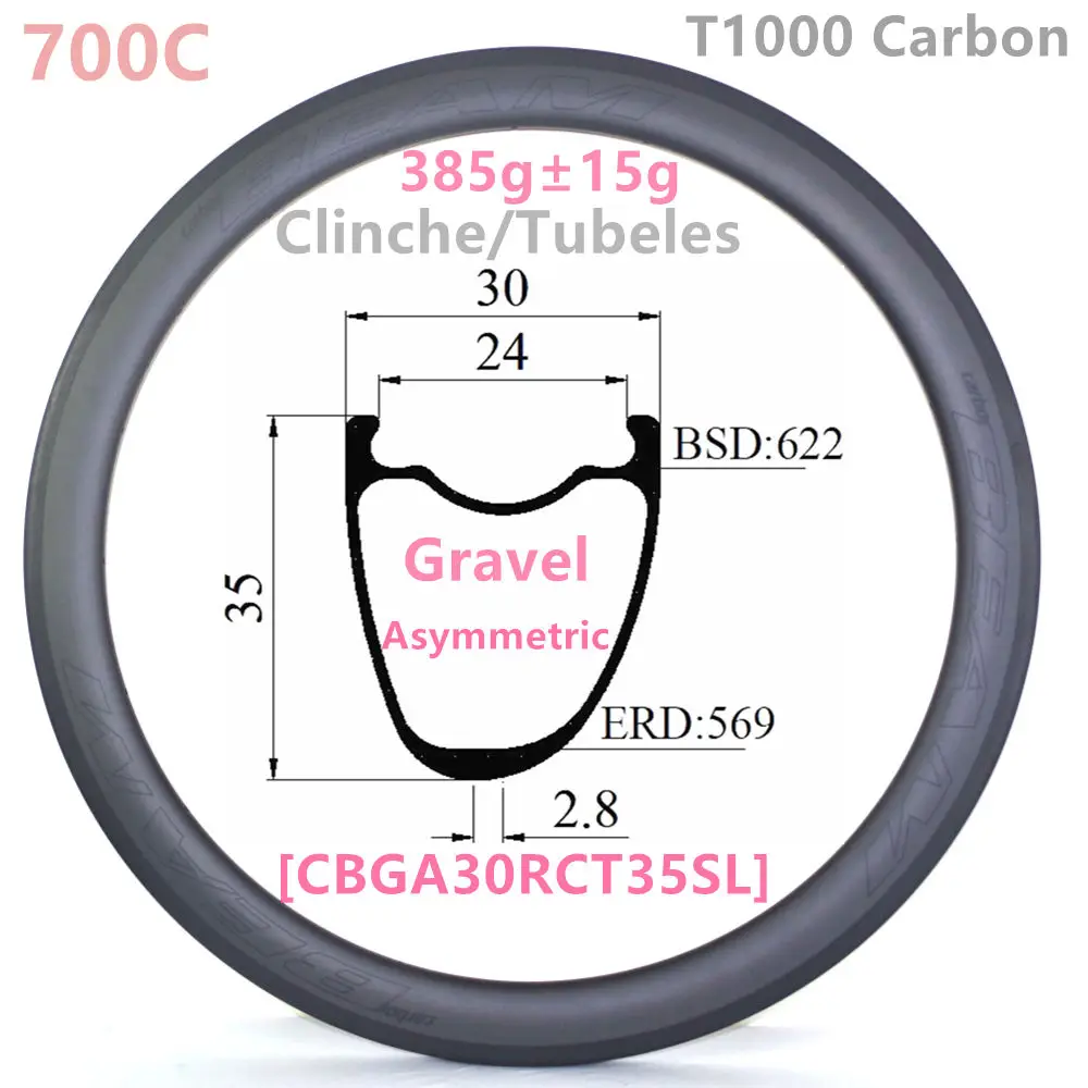 [CBGA30RCT35SL] 385g carbonbeam Asymmetric 30x35 internal 24mm 700C Gravel CX Road Clincher Tubeless compatible carbon wheels