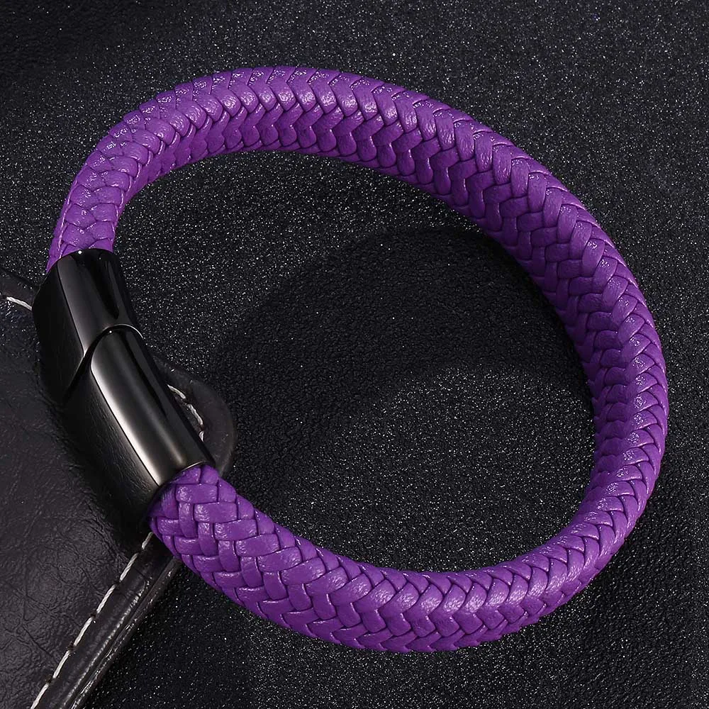 Punk Men Jewelry Purple Braided Leather Rope Bracelet 3 Colour Magnetic Buckle Bangle Womne WristBand Gift BB0985